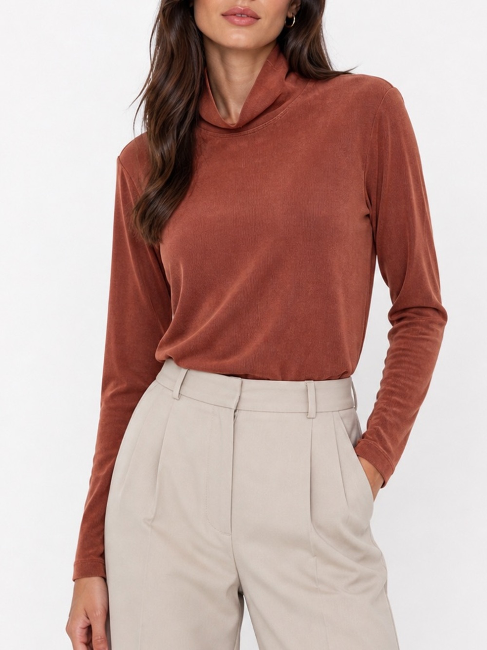 Chico’s Travelers Rusty Brown Long Sleeve Mock Neck Stretch Knit Top Size Small